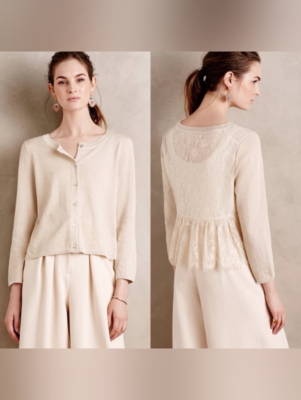 Anthropologie Knitted&Knotted Afterward Champagne Lace Metallic Beige Cardigan